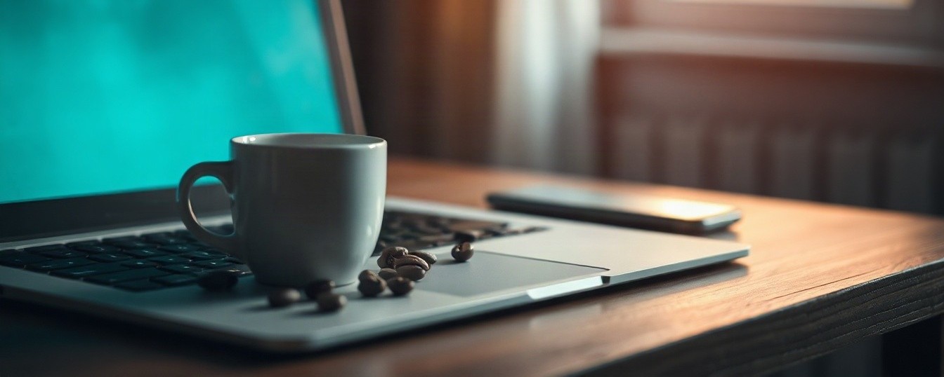 A photo of a cup of coffee and roasted beans on an open laptop by a window at dusk